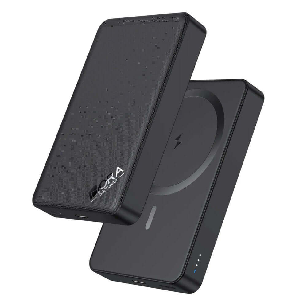 Power Bank inalámbrica marca 1H de 5000 mAh color negro sobre fondo blanco