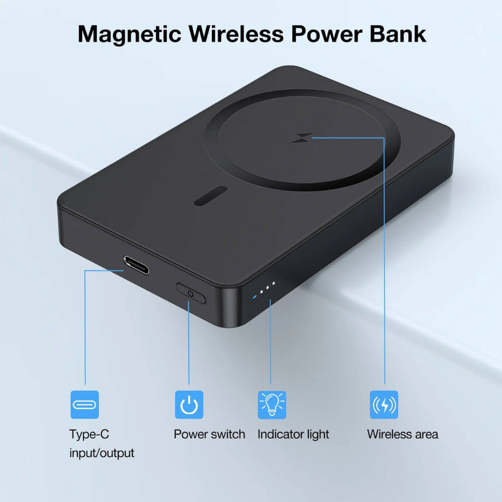 Power Bank inalámbrica marca 1H de 5000 mAh color negro indicadores