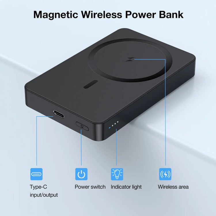 Power Bank inalámbrica marca 1H de 5000 mAh color negro indicadores