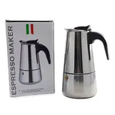 Cafetera Italiana 9 Tazas Acero Inoxidable en color negro mate sobre fondo blanco