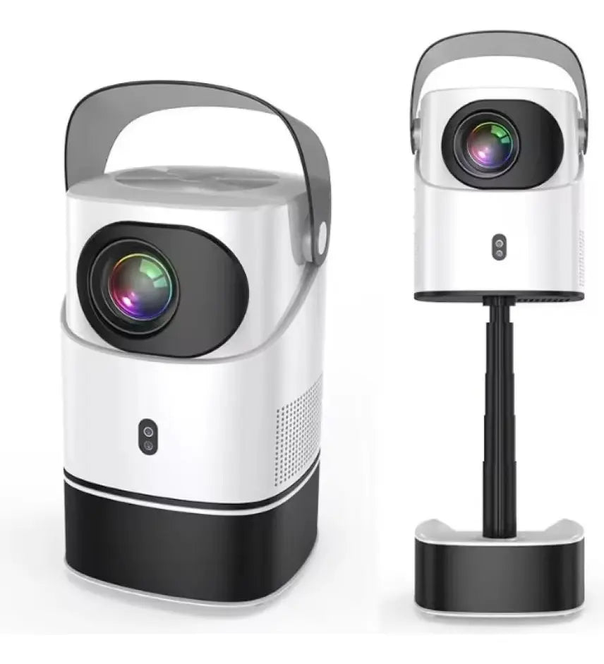 Proyector Portátil Inteligente G-300 en color blanco y negro con asa de transporte sobre fondo neutro