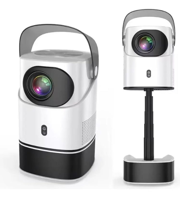 Proyector Portátil Inteligente G-300 en color blanco y negro con asa de transporte sobre fondo neutro