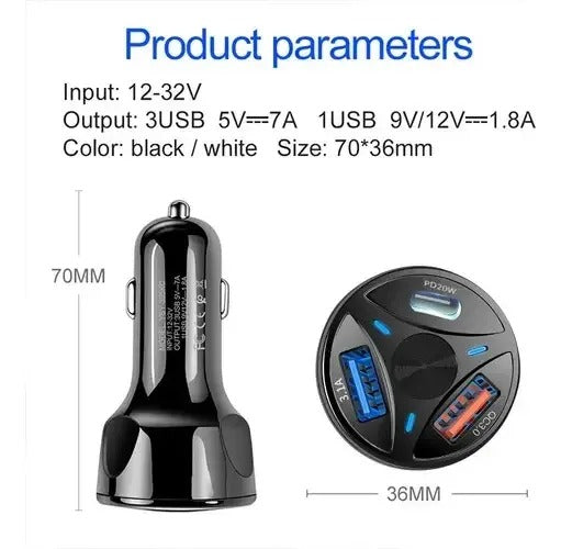Cargador rápido Qualcomm PD 20W - Cargador para auto vista perfil y face