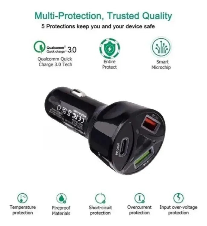 Cargador rápido Qualcomm PD 20W - Cargador para auto vista detalles de seguridad