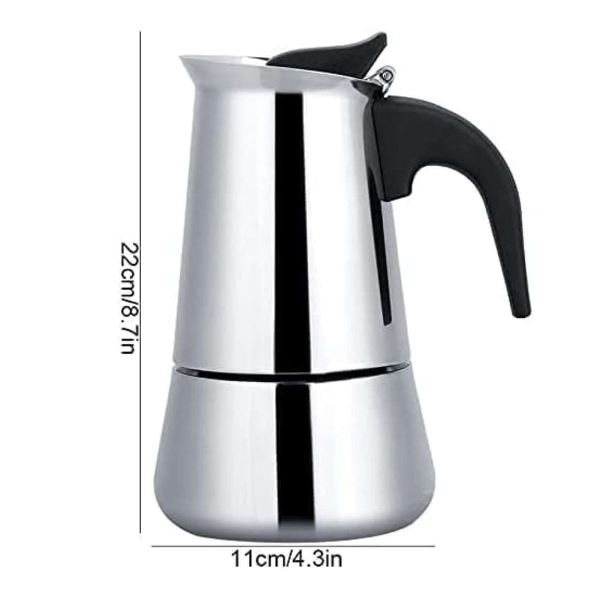 Cafetera Italiana 9 Tazas Acero Inoxidable con acabado brillante y elegante, ideal para espresso.