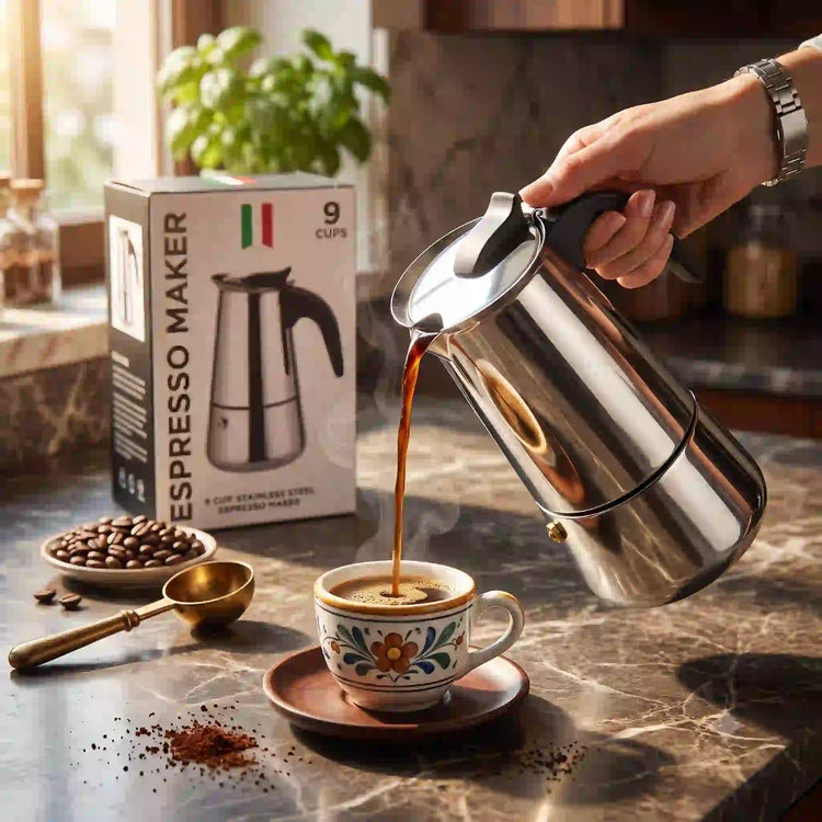 Cafetera Italiana 9 Tazas Acero Inoxidable colocada sobre una estufa sirviendo café