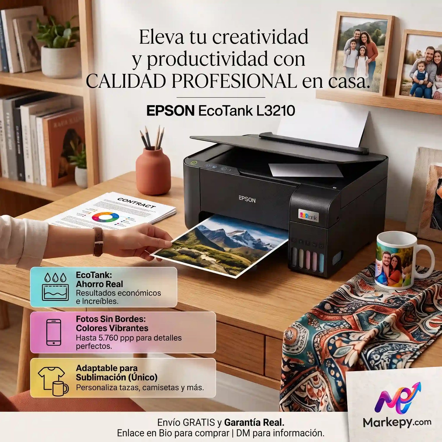 Impresora Epson L3210 EcoTank color negro sobre la mesa de madera